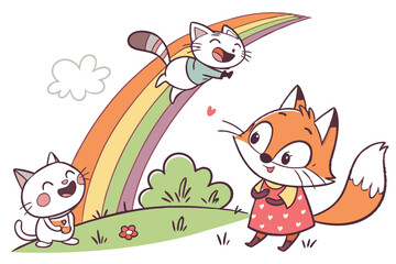 16 Cute cartoon animals, colorful illustrations, whimsical characters, cats and fox, playful poses, diverse expressions, children's book style, vibrant colors, simple shapes, hand-drawn aesthetic, lin