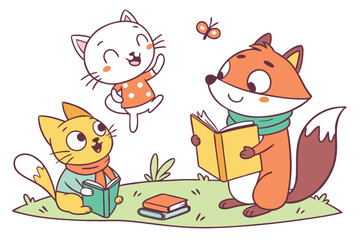 16 Cute cartoon animals, colorful illustrations, whimsical characters, cats and fox, playful poses, diverse expressions, children's book style, vibrant colors, simple shapes, hand-drawn aesthetic, lin