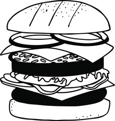 Black and White Illustration of a Detailed Layered Burger Drawing