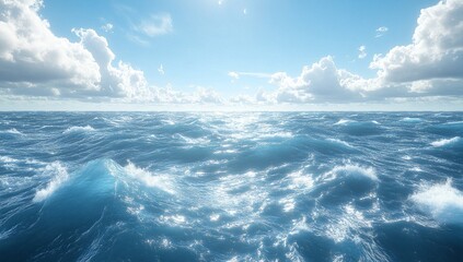 Obraz premium A breathtaking view of a vast ocean under a bright, sunny sky. The deep blue waters are gently disturbed by the waves, creating a mesmerizing scene of nature's beauty.