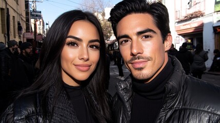 Fototapeta premium Trendy couple dressed in black turtleneck sweaters and leather jackets walking confidently through a busy European street during sunset