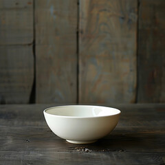 Minimalist White Ceramic Bowl on a Light Grey Surface Against a Rustic Dark Wooden Plank Background