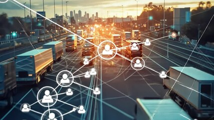 Smart Logistics: Connected trucks navigate a busy highway, showcasing a digital network overlay that symbolizes smart logistics and interconnectedness. - Powered by Adobe