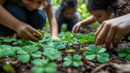 Children Planting Clovers Near Golden Coins In Soil