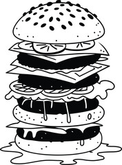 Black and White Illustration of a Detailed Layered Burger Drawing