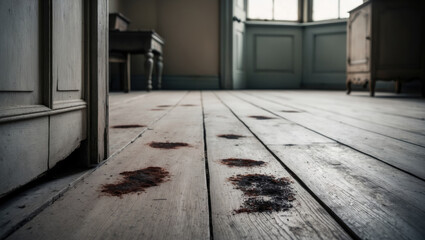 Crime scene with dried blood stains on old wooden floor. Worn furniture and moody lighting create a mysterious, unsettling vibe.
