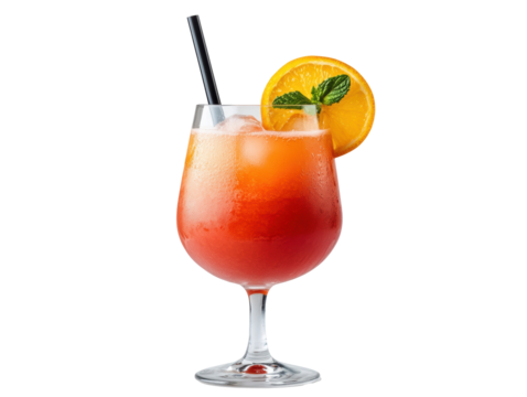 Refreshing tropical cocktail served in a curved glass on a transparent background, cut out
