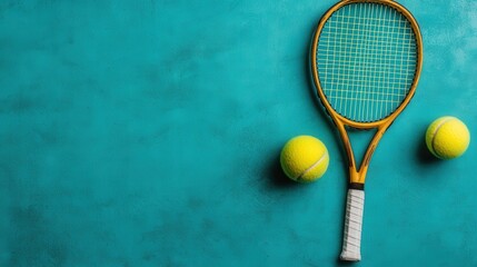 Vintage tennis racket and bright yellow balls on a turquoise background create a nostalgic sports atmosphere. National Tennis Month