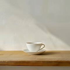 Minimalist Still Life of a Small White Ceramic Creamer or Pitcher on a Warm Wooden Surface