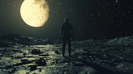 Obraz premium Solitary Figure Under a Gigantic Moon on an Alien Landscape