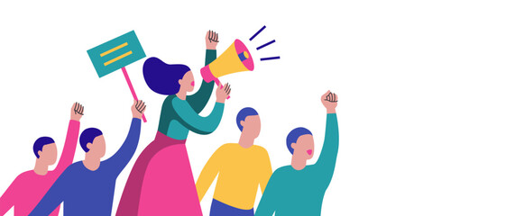 A flat-style illustration of a protest scene featuring a woman with a megaphone, and a group of activists holding signs and raising fists, with a copy space. Ideal for websites, articles, posters.