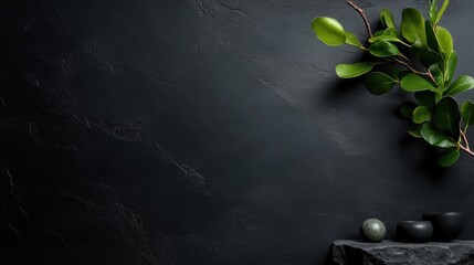 Dark stone surface with greenery