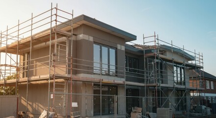 Naklejka premium Modern Residential Construction Site at Sunset: Scaffolding, Architecture, and Urban Development