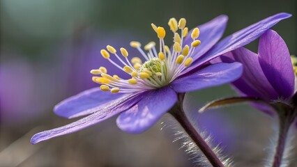 Fototapeta premium Spring's Gentle Whisper: A delicate, vibrant purple flower blossoms in soft focus, its intricate details and subtle shades of color.