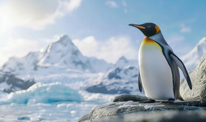 Fototapeta premium Emperor penguin standing on icy rock with Antarctic landscape in background