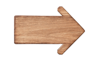 Wooden arrow sign pointing right for navigation on a transparent background, cut out