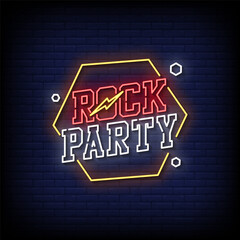 Obraz premium rock party neon sign with brick wall background vector