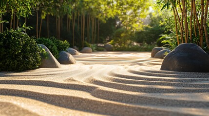 Zen garden with raked sand patterns, bamboo frames, calm text area
