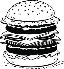 Black and White Illustration of a Detailed Layered Burger Drawing