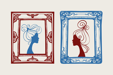 Vintage frame set with beautiful woman silhouettes. Hand drawn illustrations. Perfect for beauty salons, cosmetic branding, and fashion ads