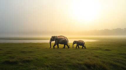 Fototapeta premium Wild elephants in misty tropical forest at dawn, peaceful nature scene with lush greenery, soft morning light, and serene wildlife atmosphere in natural habitat