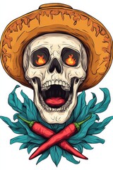 Fototapeta premium Unique T-shirt design featuring a vibrant skull with peppers and leaves, perfect for festive occasions. Cinco de Mayo