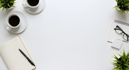 Minimalist workspace with coffee cups, plants, and office supplies on white background. Clean desk setup for productivity. Top view with copy space for text