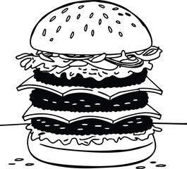 Black and White Illustration of a Detailed Layered Burger Drawing