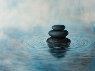 Three black rocks are carefully stacked in still water