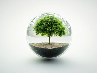 A tree is uniquely growing inside of a transparent glass ball
