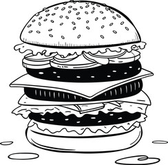 Black and White Illustration of a Detailed Layered Burger Drawing