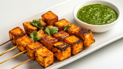 Fototapeta premium Grilled paneer skewers with mint chutney