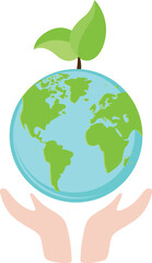 Hands protecting planet Earth with green leaves