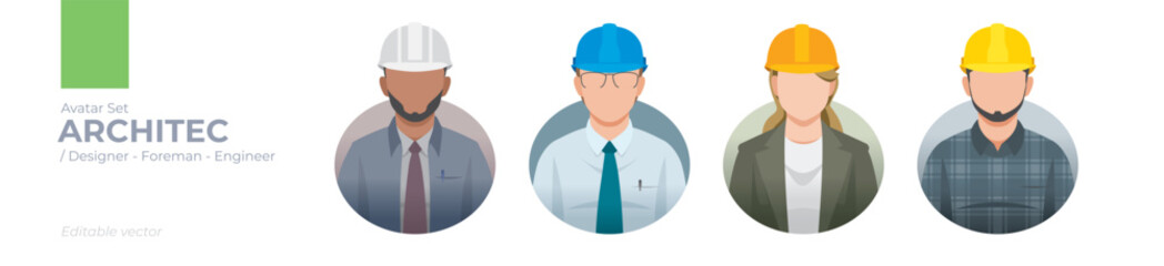 Architect Avatar Collection: Editable Vector Illustrations of Architects, Designers, Engineers, and Foremen in Professional Attire and Safety Gear, Showcasing Expertise in Construction Roles