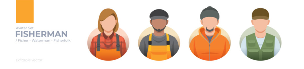Fisherman Avatar Set: Vibrant Illustrations of Diverse Fisherfolk in Overalls, Jackets, and Vests for Editable Vector Graphics - Perfect for Fishing-Related Creative, Professional, and Branding Projec