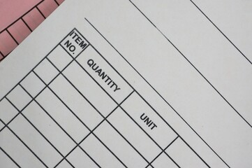 Form for item, quantity and unit in a close up