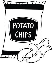 Illustration of a Packet of Potato Chips in Black and White Outline Style