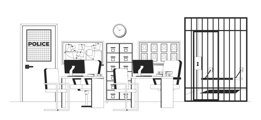 Police station interior with jail cell outline illustration. Work desks, computers, filing cabinet, suspect board investigation 2D line scene isolated on white. Monochrome vector ink linear image