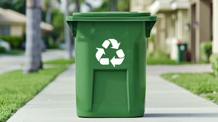 A green recycling bin with a bold universal recycling symbol, placed on a sidewalk encouraging community recycling habits.