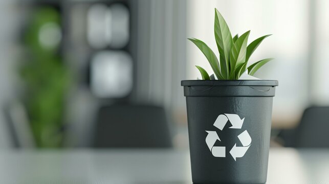 A high-quality recycling bin with the universal recycling logo, placed in a corporate office for promoting workplace sustainability.