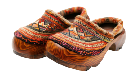 Pair of knitted fabric clogs shoes with wooden sole isolated on transparent background