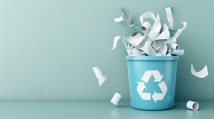 An overflowing paper recycling bin with universal symbols, highlighting the need for better waste reduction practices.