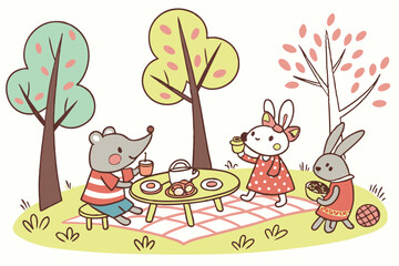 18 Whimsical cartoon characters, anthropomorphic animals, colorful outfits, stylized trees, playful activities, children's book illustration style, naive art, hand-drawn aesthetic, diverse creatures, 