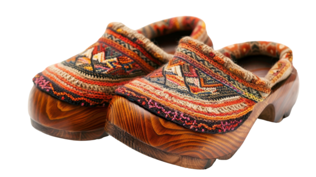 Pair of knitted fabric clogs shoes with wooden sole isolated on transparent background