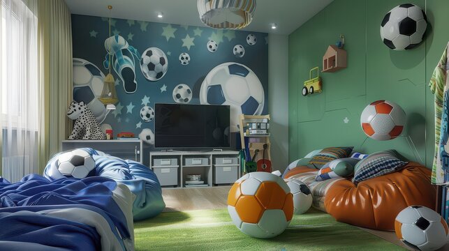 A child's room with wall decals of various sport balls like soccer and football. 