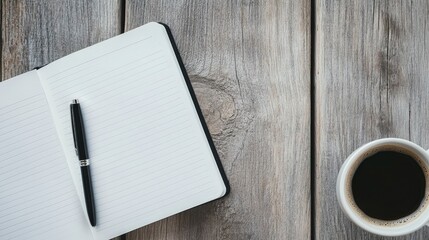 Work or Study Setup: Notebook with Blank Page and Pen on Wooden Table with Coffee Cup