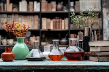 Fototapeta premium Colorful Laboratory Glassware with Plants and Books on a Table