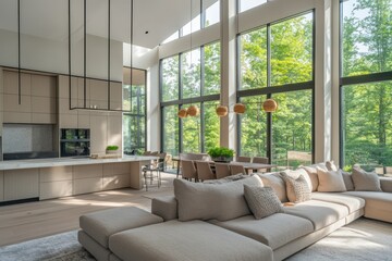 A contemporary open-concept living space with soft textured furniture, neutral tones, and a modern kitchen that seamlessly transitions into the