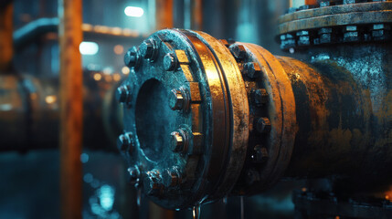 Close Up of Rusty Industrial Metal Pipe with Flange Bolts and Water Droplets in Dark Industrial Setting