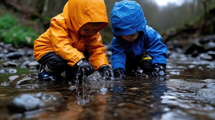 Two young children playing in a shallow creek.  They are wearing waterproof rain gear, and are enjoying splashing water